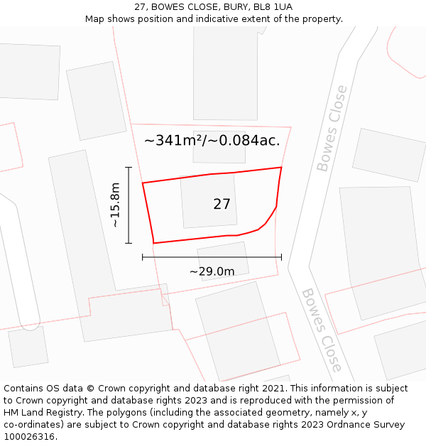 27, BOWES CLOSE, BURY, BL8 1UA: Plot and title map
