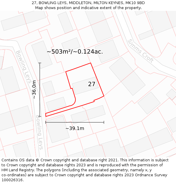 27, BOWLING LEYS, MIDDLETON, MILTON KEYNES, MK10 9BD: Plot and title map