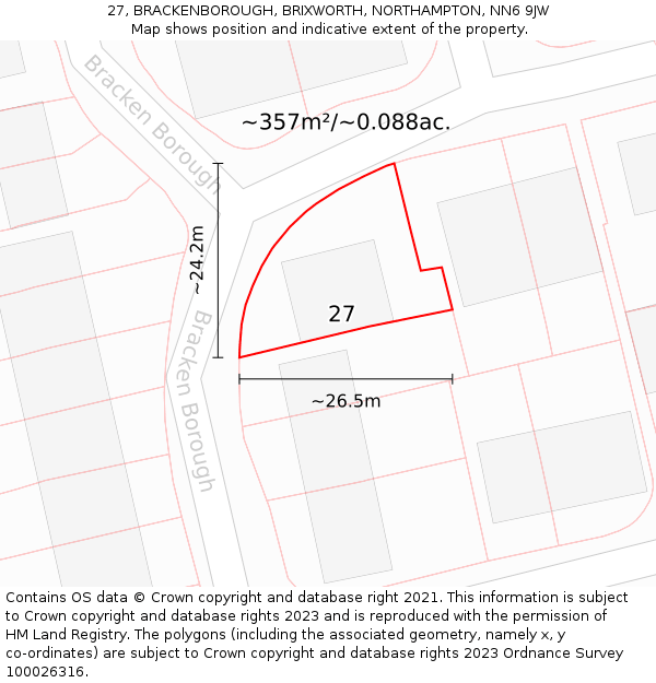 27, BRACKENBOROUGH, BRIXWORTH, NORTHAMPTON, NN6 9JW: Plot and title map