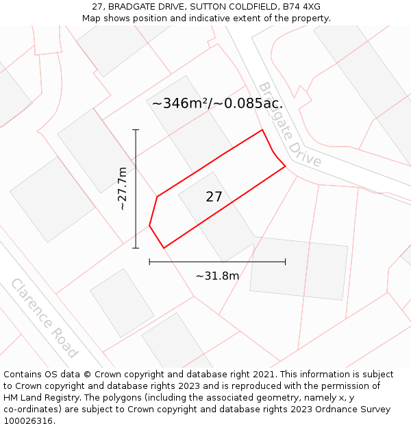 27, BRADGATE DRIVE, SUTTON COLDFIELD, B74 4XG: Plot and title map