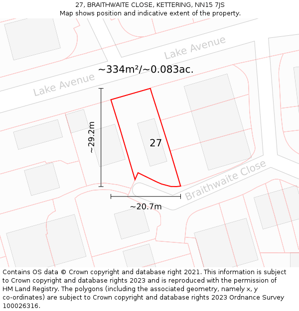 27, BRAITHWAITE CLOSE, KETTERING, NN15 7JS: Plot and title map