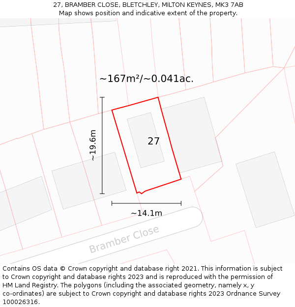 27, BRAMBER CLOSE, BLETCHLEY, MILTON KEYNES, MK3 7AB: Plot and title map