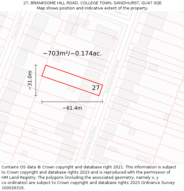 27, BRANKSOME HILL ROAD, COLLEGE TOWN, SANDHURST, GU47 0QE: Plot and title map