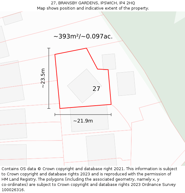 27, BRANSBY GARDENS, IPSWICH, IP4 2HQ: Plot and title map