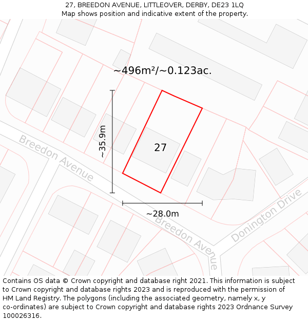 27, BREEDON AVENUE, LITTLEOVER, DERBY, DE23 1LQ: Plot and title map