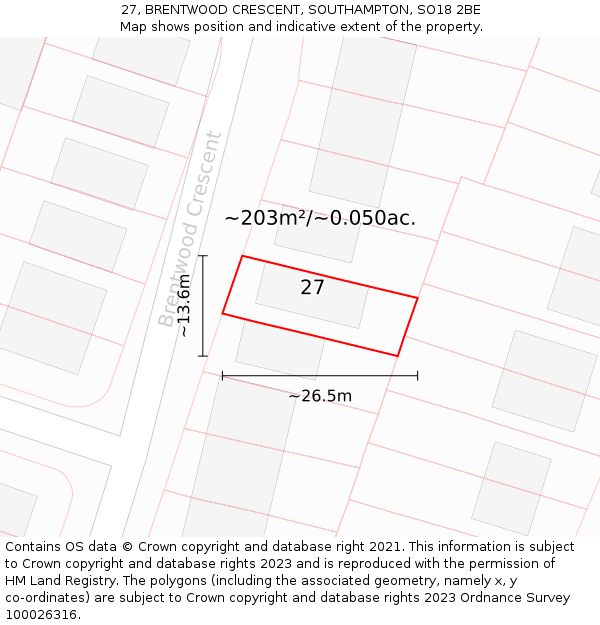 27, BRENTWOOD CRESCENT, SOUTHAMPTON, SO18 2BE: Plot and title map