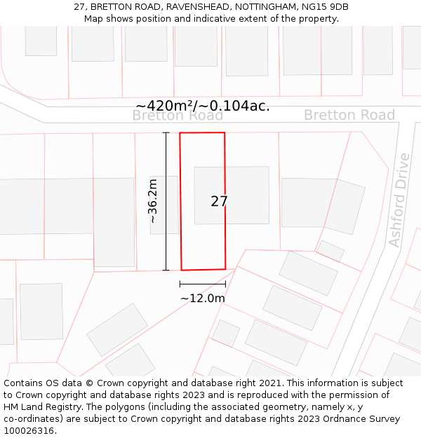 27, BRETTON ROAD, RAVENSHEAD, NOTTINGHAM, NG15 9DB: Plot and title map