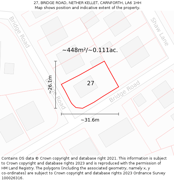 27, BRIDGE ROAD, NETHER KELLET, CARNFORTH, LA6 1HH: Plot and title map