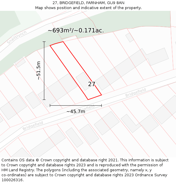 27, BRIDGEFIELD, FARNHAM, GU9 8AN: Plot and title map