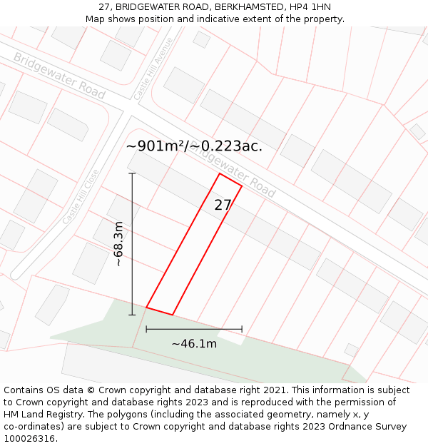 27, BRIDGEWATER ROAD, BERKHAMSTED, HP4 1HN: Plot and title map
