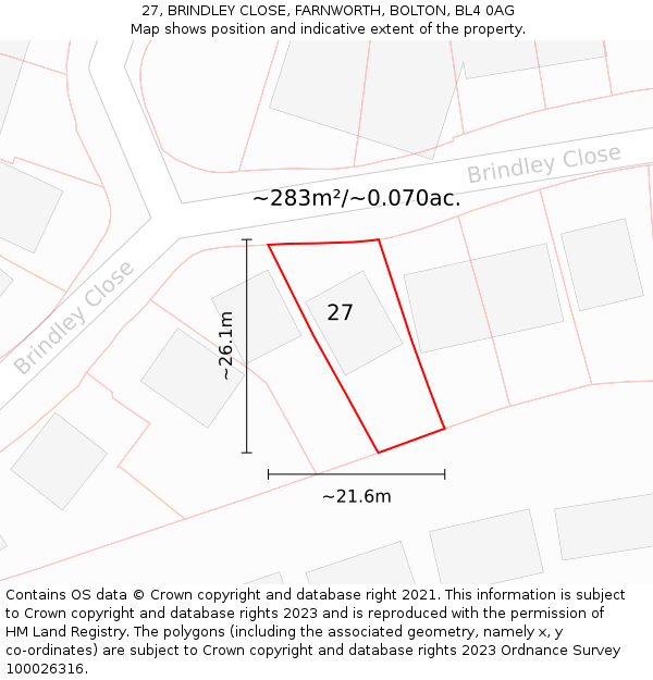 27, BRINDLEY CLOSE, FARNWORTH, BOLTON, BL4 0AG: Plot and title map