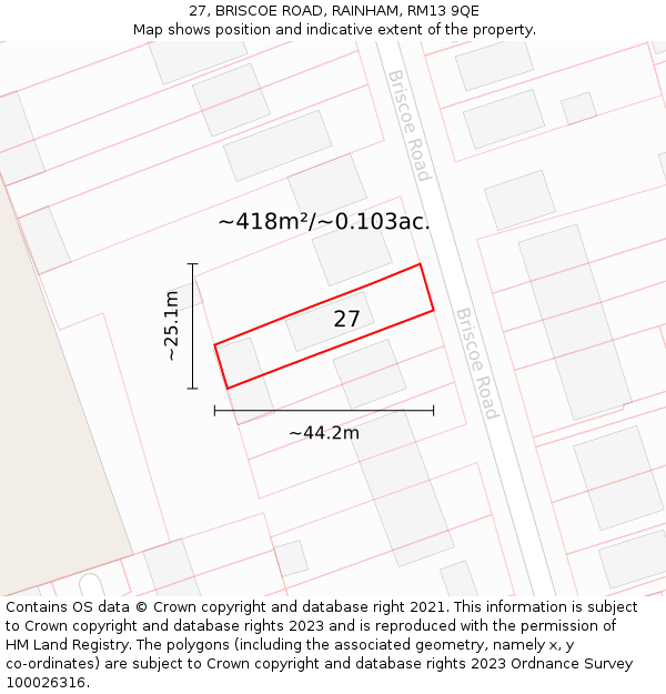 27, BRISCOE ROAD, RAINHAM, RM13 9QE: Plot and title map