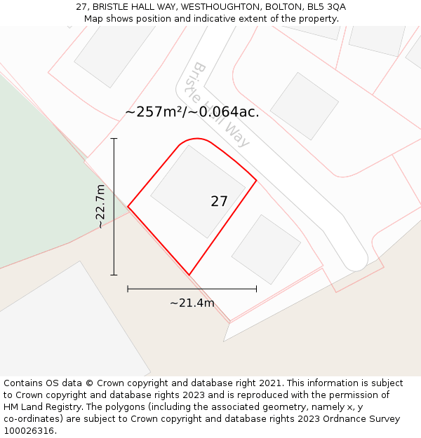 27, BRISTLE HALL WAY, WESTHOUGHTON, BOLTON, BL5 3QA: Plot and title map