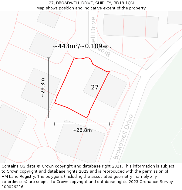 27, BROADWELL DRIVE, SHIPLEY, BD18 1QN: Plot and title map