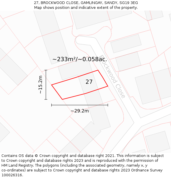 27, BROCKWOOD CLOSE, GAMLINGAY, SANDY, SG19 3EG: Plot and title map