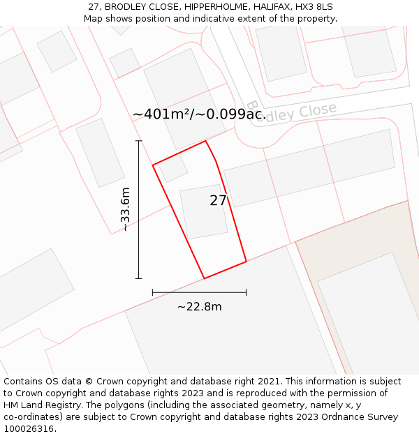 27, BRODLEY CLOSE, HIPPERHOLME, HALIFAX, HX3 8LS: Plot and title map