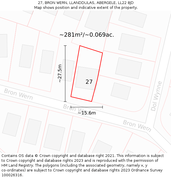 27, BRON WERN, LLANDDULAS, ABERGELE, LL22 8JD: Plot and title map