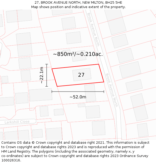 27, BROOK AVENUE NORTH, NEW MILTON, BH25 5HE: Plot and title map