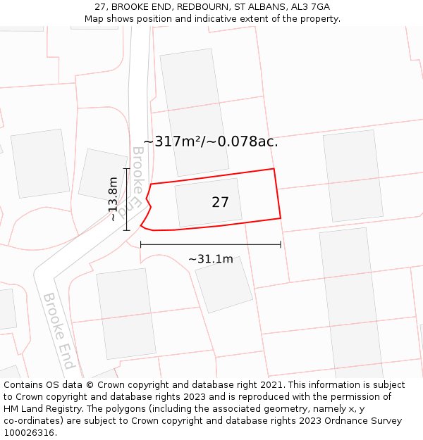 27, BROOKE END, REDBOURN, ST ALBANS, AL3 7GA: Plot and title map