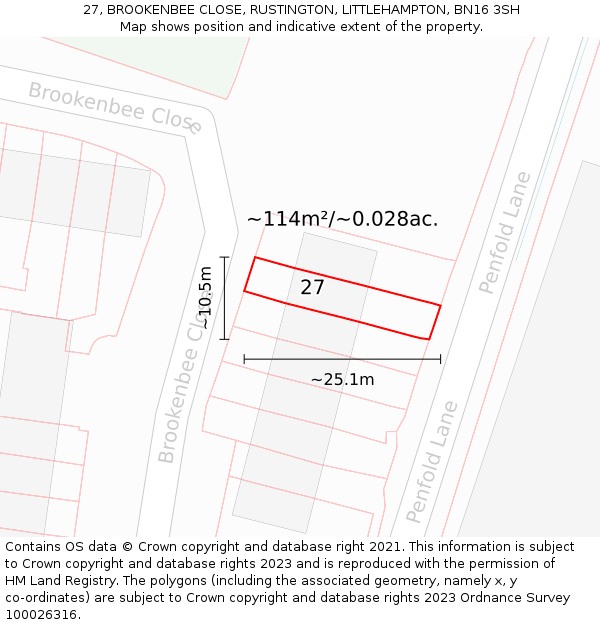 27, BROOKENBEE CLOSE, RUSTINGTON, LITTLEHAMPTON, BN16 3SH: Plot and title map