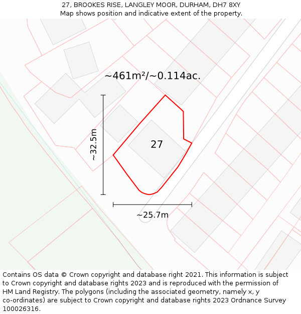 27, BROOKES RISE, LANGLEY MOOR, DURHAM, DH7 8XY: Plot and title map