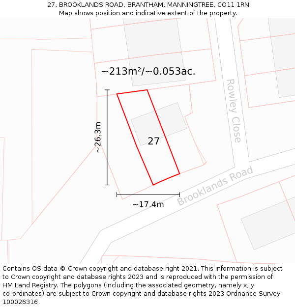 27, BROOKLANDS ROAD, BRANTHAM, MANNINGTREE, CO11 1RN: Plot and title map