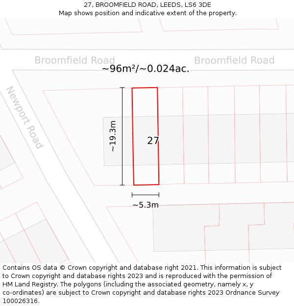 27, BROOMFIELD ROAD, LEEDS, LS6 3DE: Plot and title map