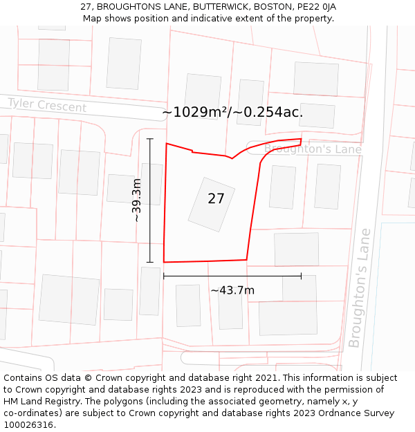 27, BROUGHTONS LANE, BUTTERWICK, BOSTON, PE22 0JA: Plot and title map