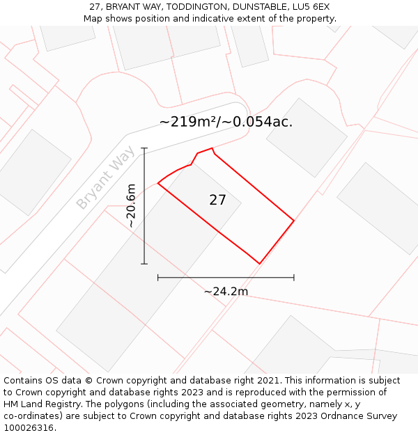 27, BRYANT WAY, TODDINGTON, DUNSTABLE, LU5 6EX: Plot and title map