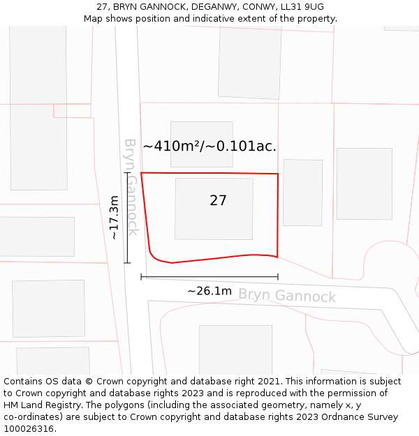 27, BRYN GANNOCK, DEGANWY, CONWY, LL31 9UG: Plot and title map