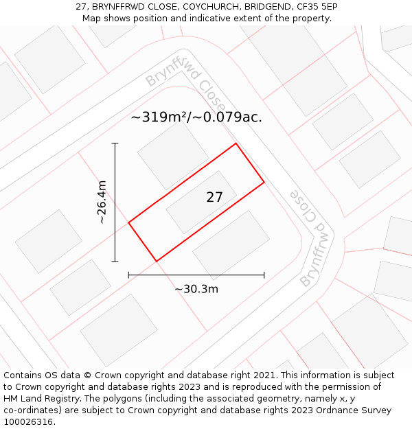 27, BRYNFFRWD CLOSE, COYCHURCH, BRIDGEND, CF35 5EP: Plot and title map