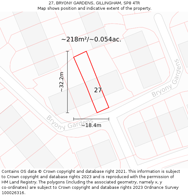27, BRYONY GARDENS, GILLINGHAM, SP8 4TR: Plot and title map