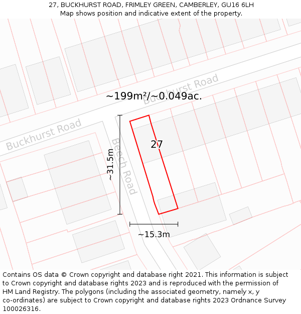 27, BUCKHURST ROAD, FRIMLEY GREEN, CAMBERLEY, GU16 6LH: Plot and title map