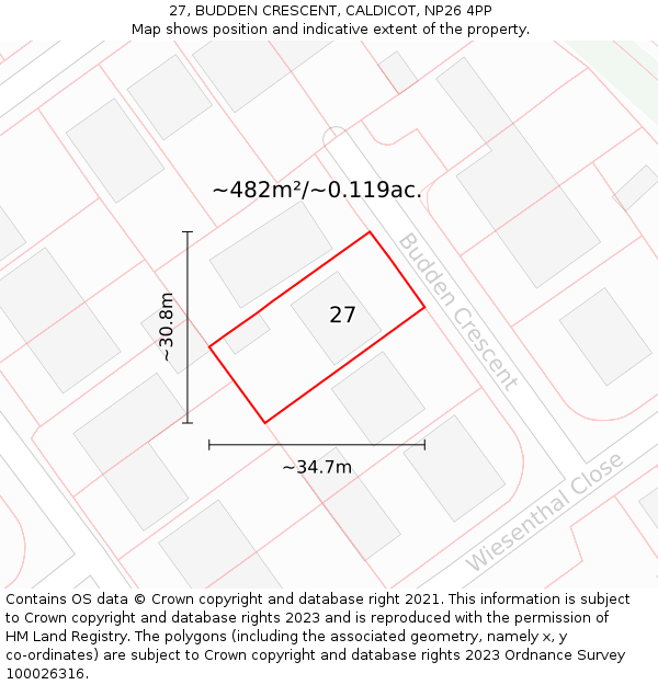 27, BUDDEN CRESCENT, CALDICOT, NP26 4PP: Plot and title map