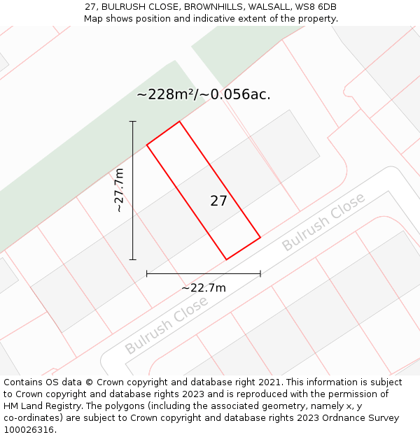 27, BULRUSH CLOSE, BROWNHILLS, WALSALL, WS8 6DB: Plot and title map