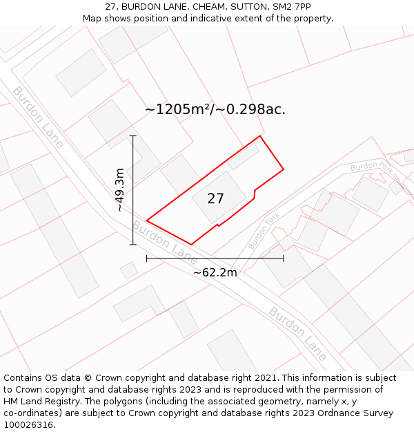 27, BURDON LANE, CHEAM, SUTTON, SM2 7PP: Plot and title map