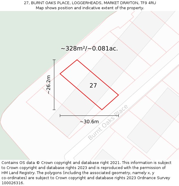 27, BURNT OAKS PLACE, LOGGERHEADS, MARKET DRAYTON, TF9 4RU: Plot and title map