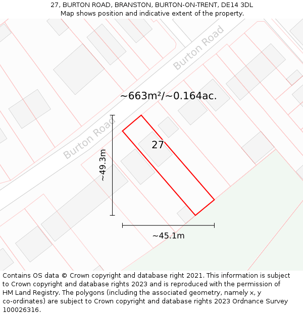 27, BURTON ROAD, BRANSTON, BURTON-ON-TRENT, DE14 3DL: Plot and title map