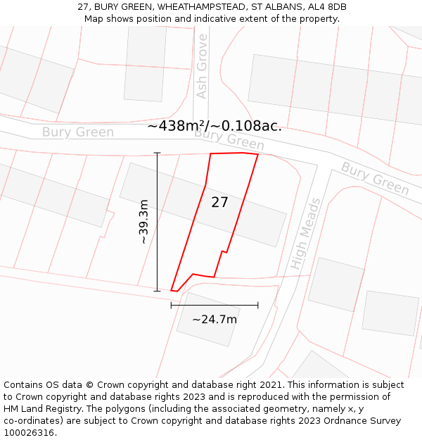 27, BURY GREEN, WHEATHAMPSTEAD, ST ALBANS, AL4 8DB: Plot and title map