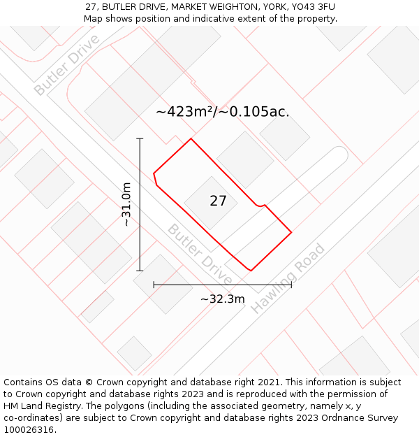 27, BUTLER DRIVE, MARKET WEIGHTON, YORK, YO43 3FU: Plot and title map