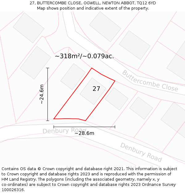 27, BUTTERCOMBE CLOSE, OGWELL, NEWTON ABBOT, TQ12 6YD: Plot and title map