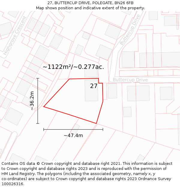27, BUTTERCUP DRIVE, POLEGATE, BN26 6FB: Plot and title map