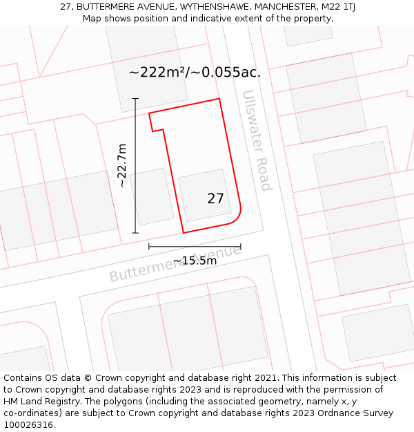 27, BUTTERMERE AVENUE, WYTHENSHAWE, MANCHESTER, M22 1TJ: Plot and title map