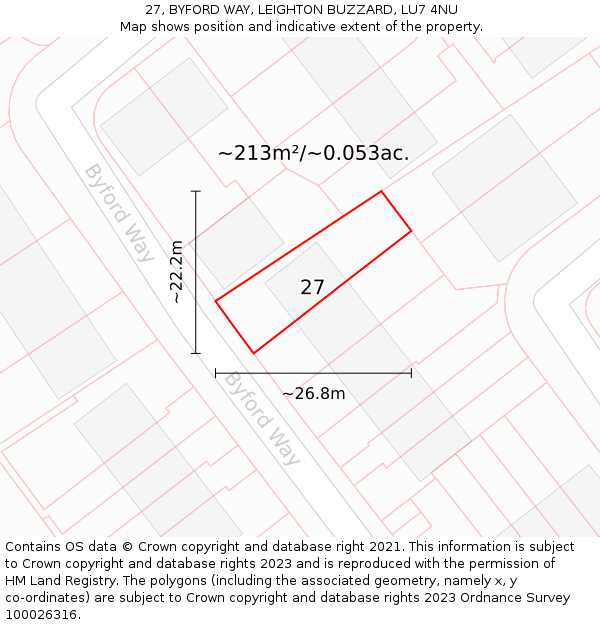 27, BYFORD WAY, LEIGHTON BUZZARD, LU7 4NU: Plot and title map