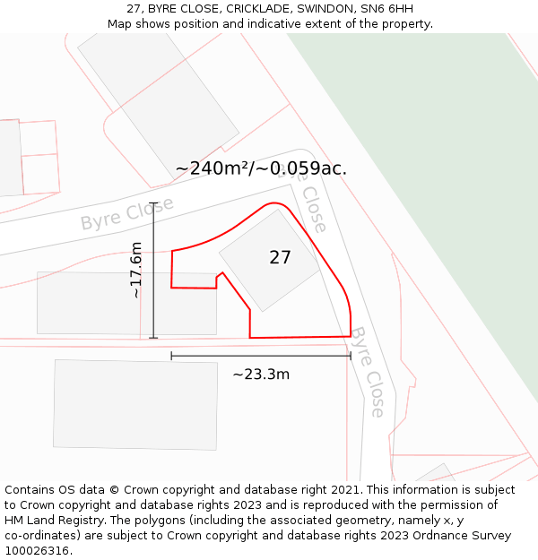 27, BYRE CLOSE, CRICKLADE, SWINDON, SN6 6HH: Plot and title map