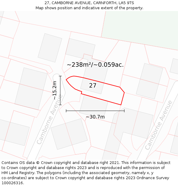 27, CAMBORNE AVENUE, CARNFORTH, LA5 9TS: Plot and title map