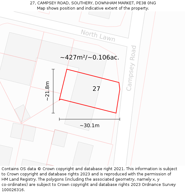 27, CAMPSEY ROAD, SOUTHERY, DOWNHAM MARKET, PE38 0NG: Plot and title map
