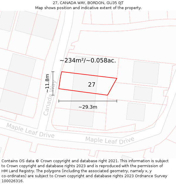 27, CANADA WAY, BORDON, GU35 0JT: Plot and title map