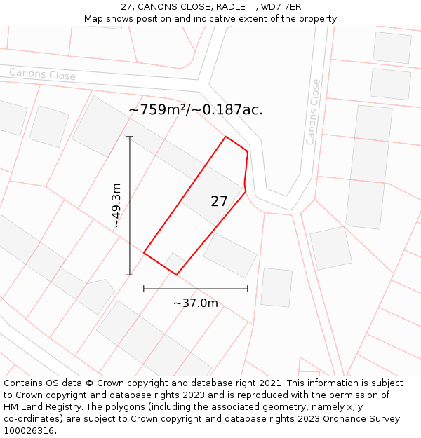 27, CANONS CLOSE, RADLETT, WD7 7ER: Plot and title map