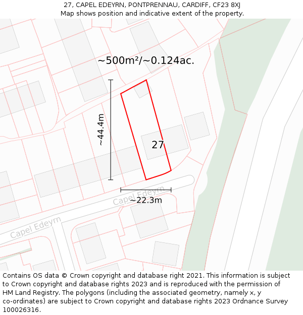 27, CAPEL EDEYRN, PONTPRENNAU, CARDIFF, CF23 8XJ: Plot and title map